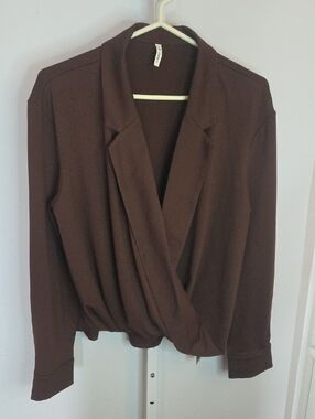 Halara Brown Crossover Long Sleeve Work Blouse Large NWT Wrap Front